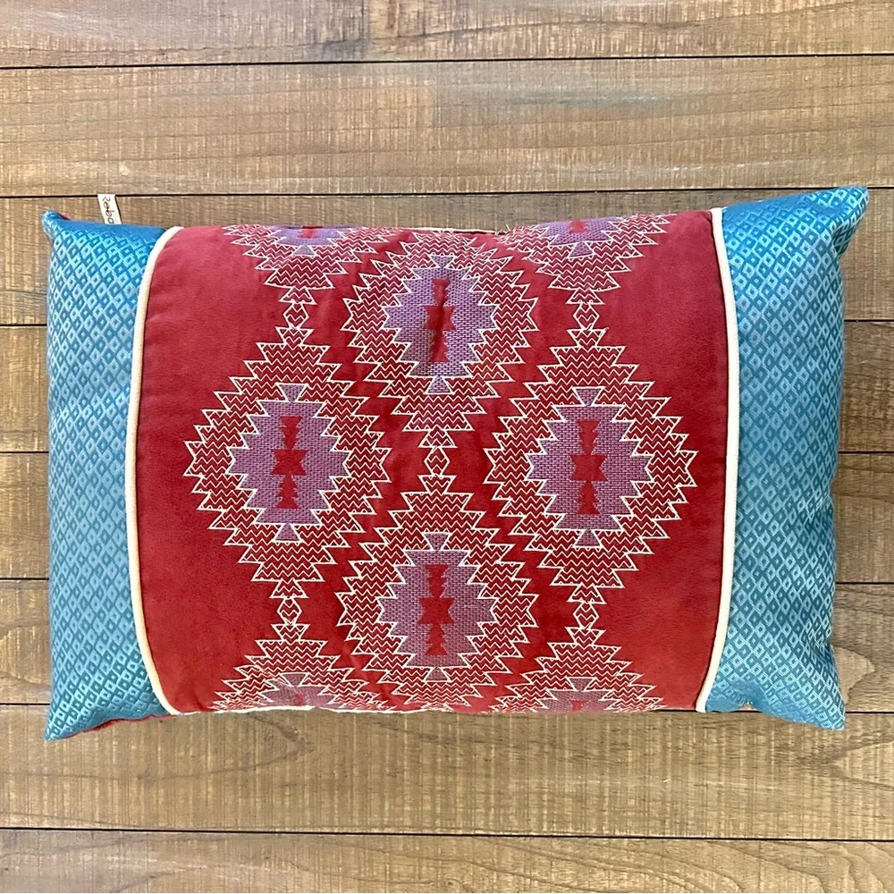 Southwest Embroidered Tapestry Aztec‎ Throw Pillow Quilted Dark Red Blue 24x16